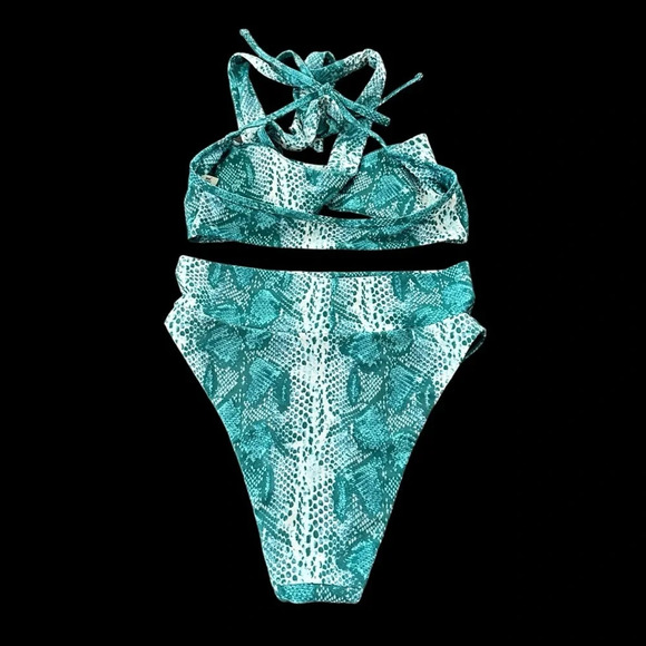 NWT Aerie Small/Medium Teal Snake Print Bikini Swimsuit High Cut Cheeky New - Picture 3 of 5